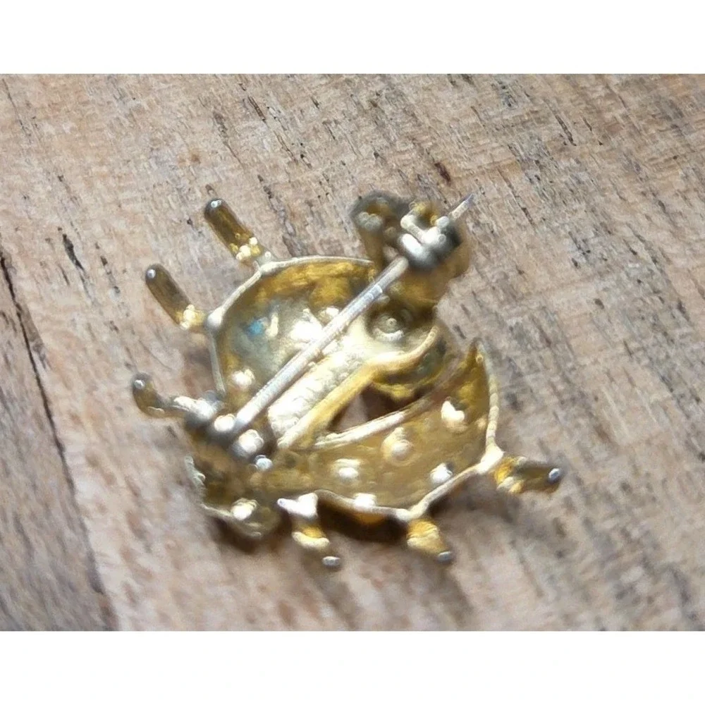 Vintage Yellow Lady Bug Brooch Scatter Pin Metal Rhinestones Tiny 1
